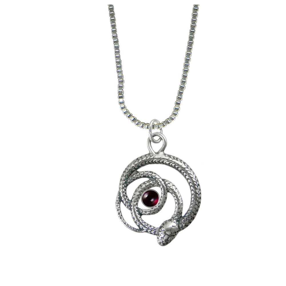 Sterling Silver Coiled Serpent Pendant With Garnet